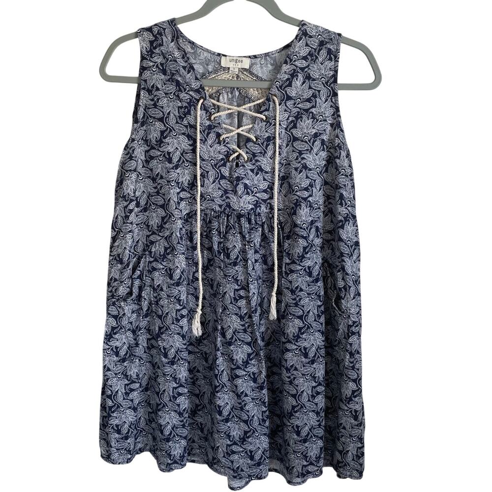 Umgee Tunic Top Mini Dress Sz S Lace Up Pockets Navy White Sleeveless Coastal